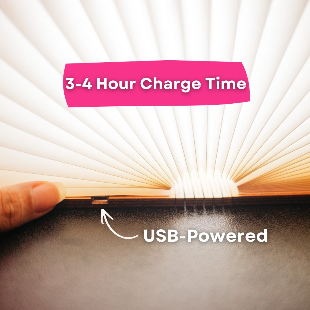 Close-up of foldable LED book light showing USB charging port with 3 to 4 hour charge time callout