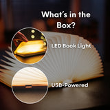 What's in the box graphic for foldable LED book light showing the LED book light and USB charging cable