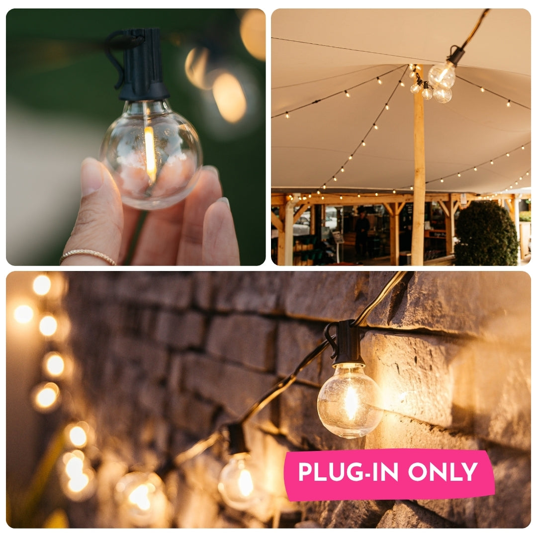 Collage of G40 globe LED replacement bulbs showing hand holding a lit bulb, string lights beneath an outdoor venue canopy, and bulbs strung along a stone wall with plug-in only callout