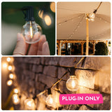Collage of G40 globe LED replacement bulbs showing hand holding a lit bulb, string lights beneath an outdoor venue canopy, and bulbs strung along a stone wall with plug-in only callout