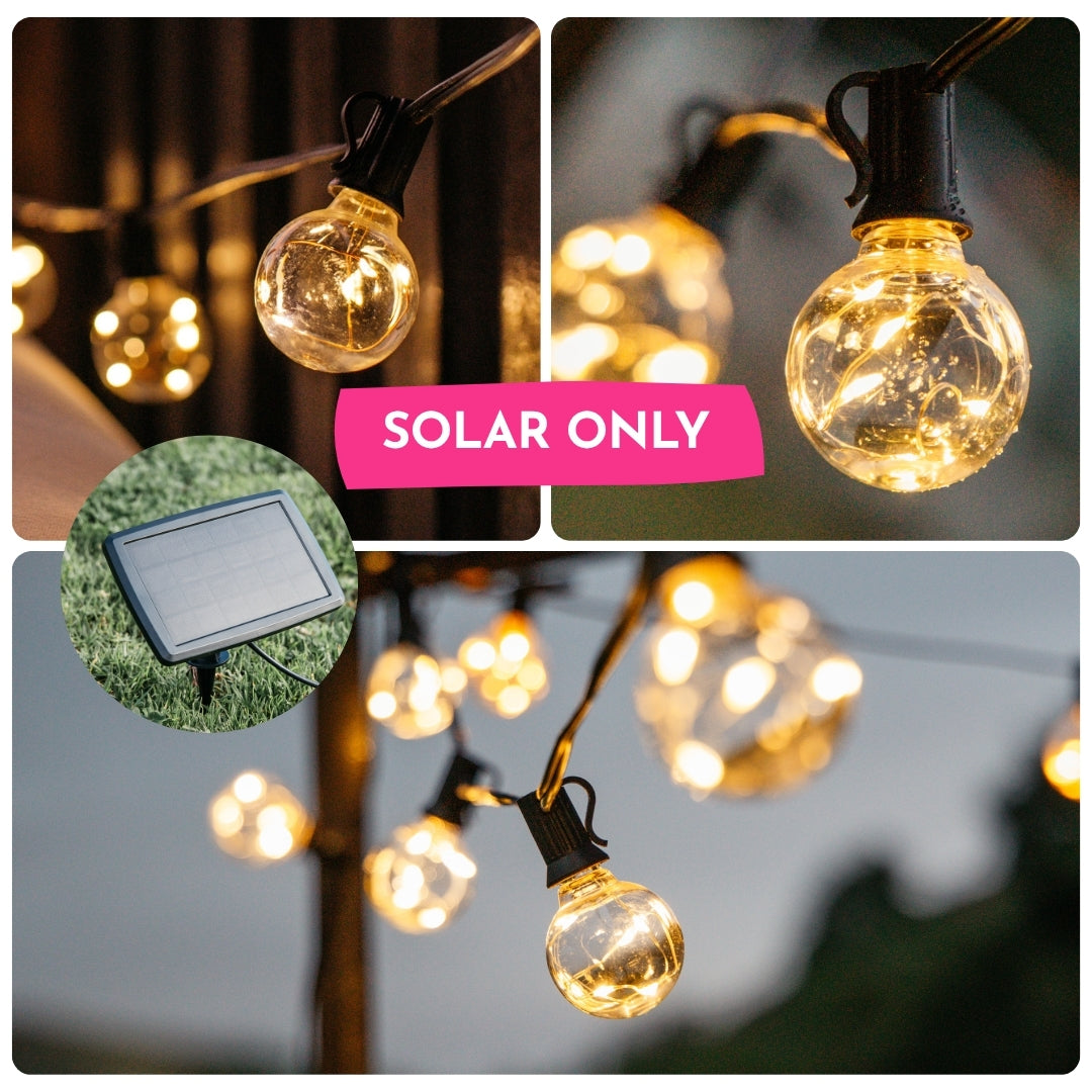 Collage of G40 wire LED replacement bulbs glowing on outdoor string lights with close-up of solar panel and solar only callout