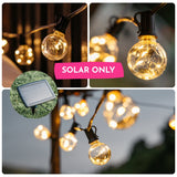 Collage of G40 wire LED replacement bulbs glowing on outdoor string lights with close-up of solar panel and solar only callout
