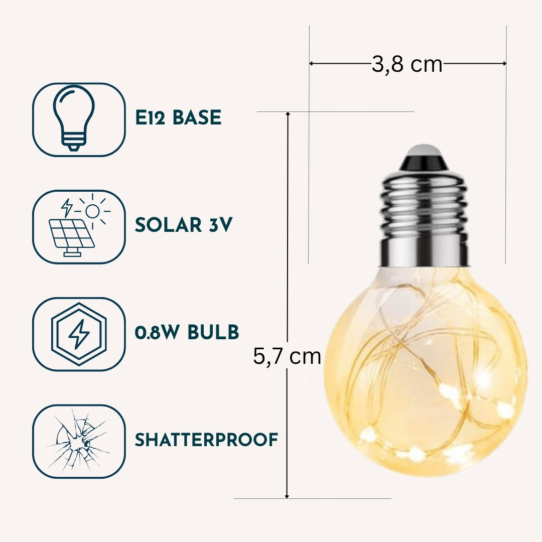 Spec graphic for G40 wire LED replacement bulb showing E12 base, solar voltage, 0.8W wattage, shatterproof build, and dimensions of 3.8cm width by 5.7cm height