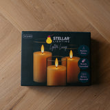 Box of Stellar Lighting battery flameless candle lights on a wooden surface