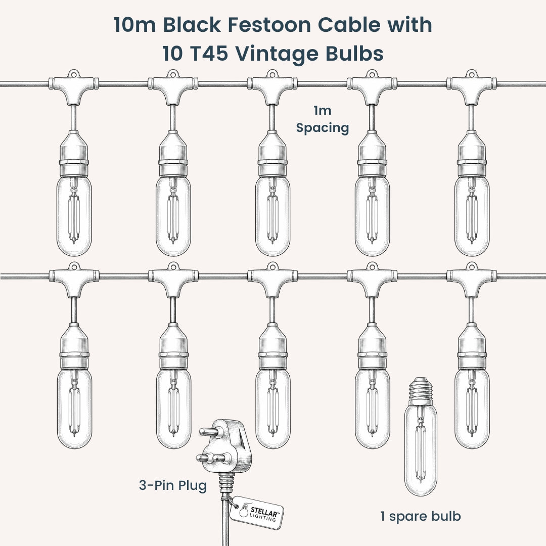 Technical line drawing of Ultimate Gold Drop String Lights showing 10m black cable with T45 bulbs on individual drop wires at 1m spacing for 10 bulb variant, South African plug, and connectable up to 52 sets callout