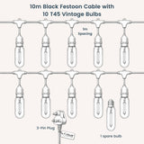 Technical line drawing of Ultimate Gold Drop String Lights showing 10m black cable with T45 bulbs on individual drop wires at 1m spacing for 10 bulb variant, South African plug, and connectable up to 52 sets callout