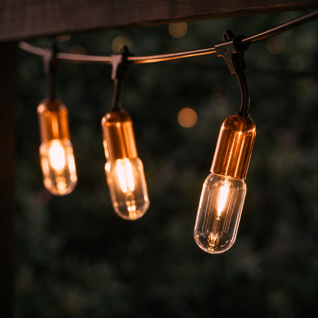 Gold Drop String Lights with warm golden T45 tubular bulbs suspended on individual drop wires on black cable creating a dramatic pendant effect in a styled South African outdoor space at dusk