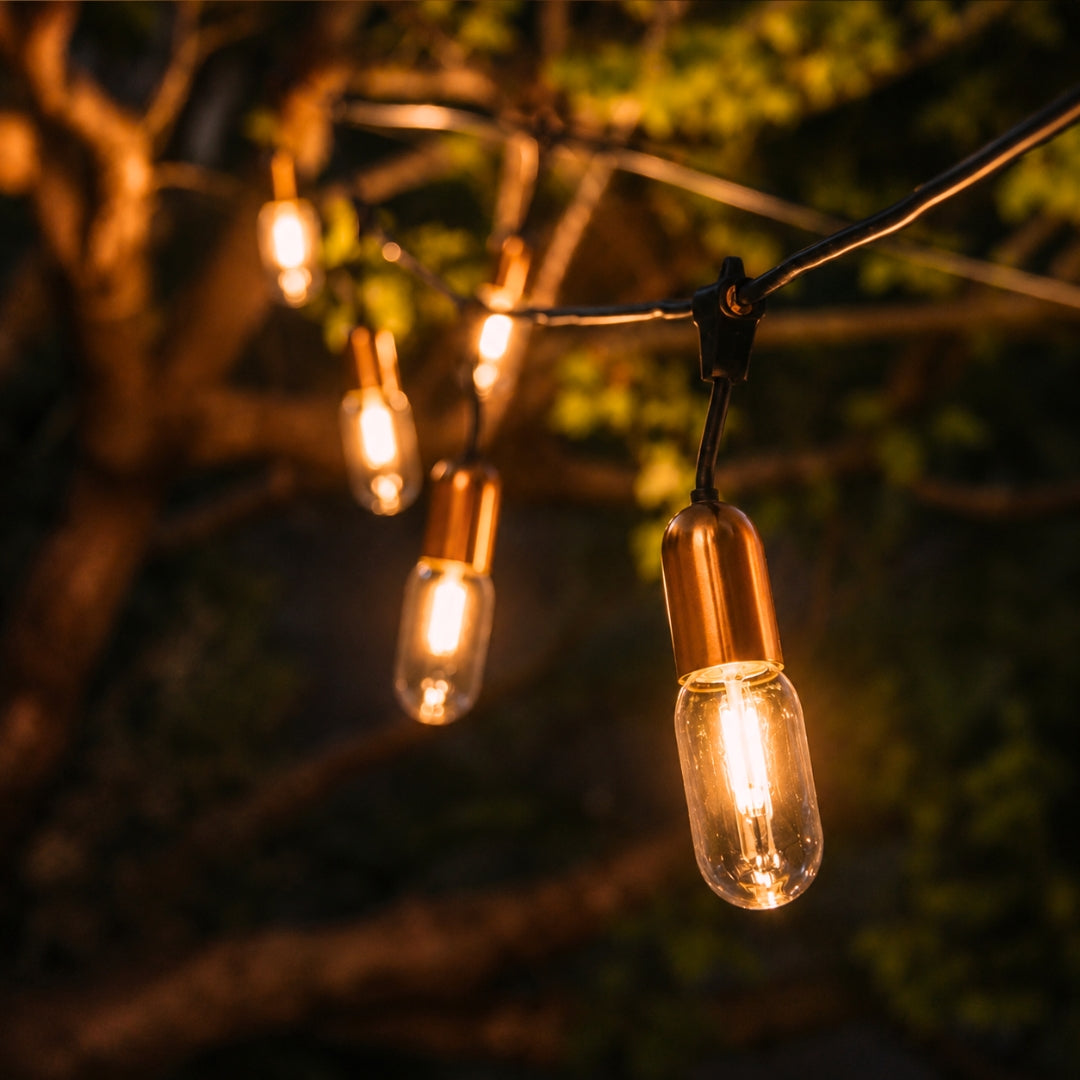 Gold Drop String Lights with warm golden T45 tubular bulbs suspended on individual drop wires on black cable creating a dramatic pendant effect in a styled South African outdoor space at dusk
