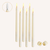 Set of six ivory flameless LED taper candles with warm amber flicker on white background with twist on/off switch close-up inset