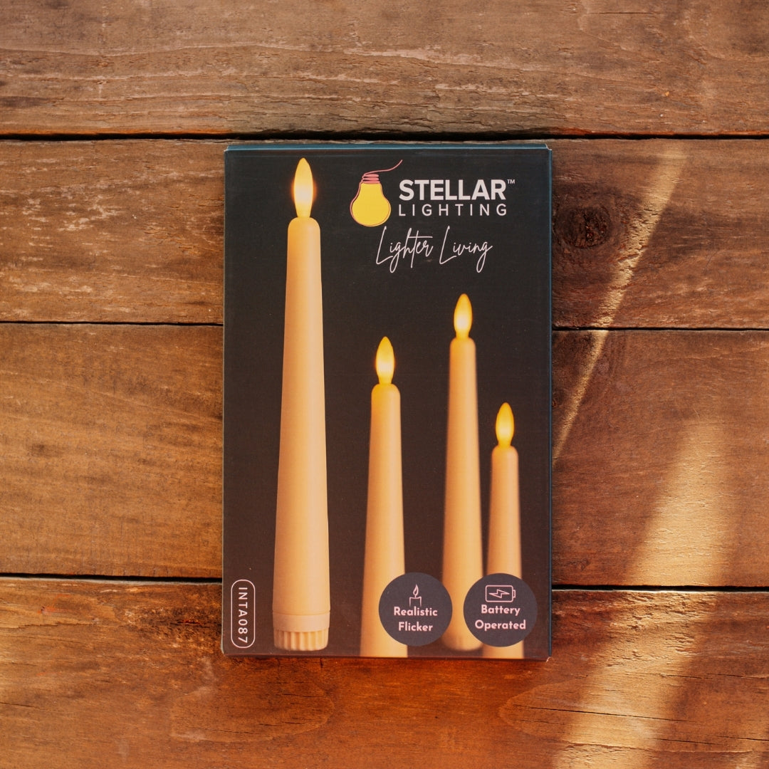 Stellar Lighting product box for ivory flameless LED taper candles