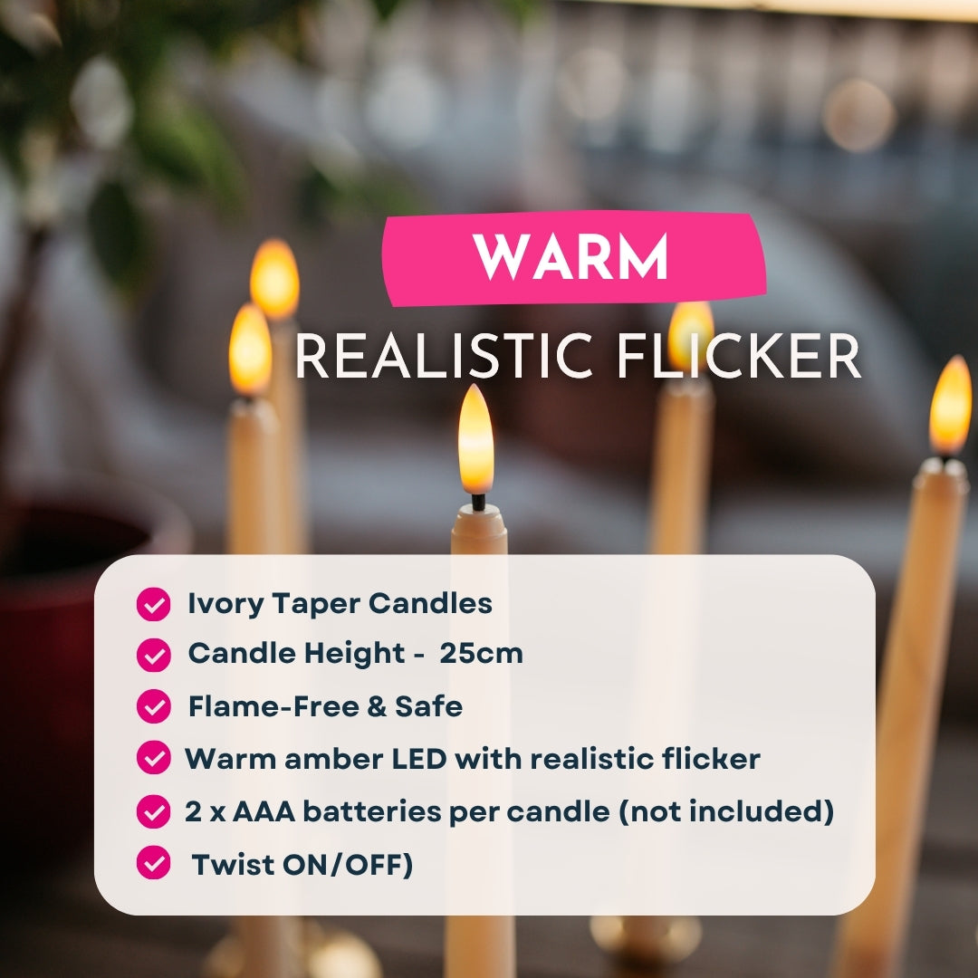Warm realistic flicker infographic for ivory flameless taper candles showing ivory finish, 25cm height, flame-free safety, warm amber LED, AAA battery requirements, and twist on/off switch