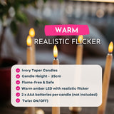 Warm realistic flicker infographic for ivory flameless taper candles showing ivory finish, 25cm height, flame-free safety, warm amber LED, AAA battery requirements, and twist on/off switch