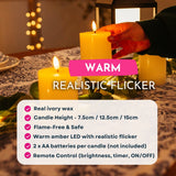 Warm realistic flicker infographic for ivory pillar flameless LED candles showing real wax, graduated heights, flame-free safety, warm amber LED, battery requirements, and remote control features