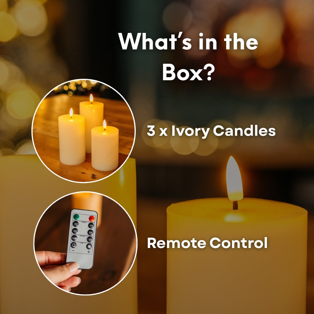 What's in the box graphic for ivory pillar flameless LED candles showing 3 ivory wax candles and 1 remote control included