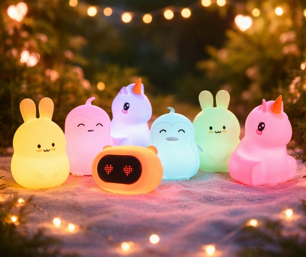 Six cute, glowing bunny and unicorn-shaped night lights arranged together on a snowy surface with warm fairy lights and blurred greenery in the background.