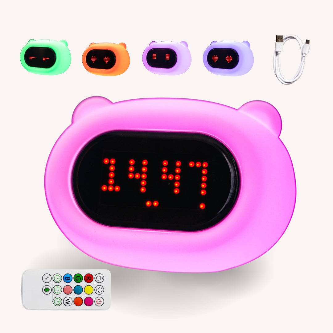 Lightie Clock bear silicone night light shown in multiple colour modes with USB charging cable and remote control included