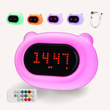 Lightie Clock bear silicone night light shown in multiple colour modes with USB charging cable and remote control included