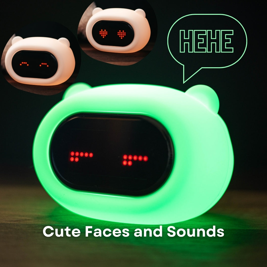 Lightie Clock bear kids night light showing multiple cute animated clock face expressions alongside callout for built-in wake-up sounds