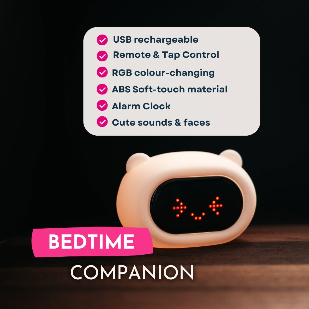 Feature graphic for Lightie Clock kids night light listing key features including digital clock, alarm, colour changing, USB rechargeable, and remote and tap control
