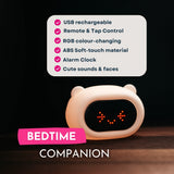 Feature graphic for Lightie Clock kids night light listing key features including digital clock, alarm, colour changing, USB rechargeable, and remote and tap control