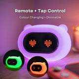 Lightie Clock bear night light shown in multiple colour modes with remote and tap control and colour changing and dimmable callouts