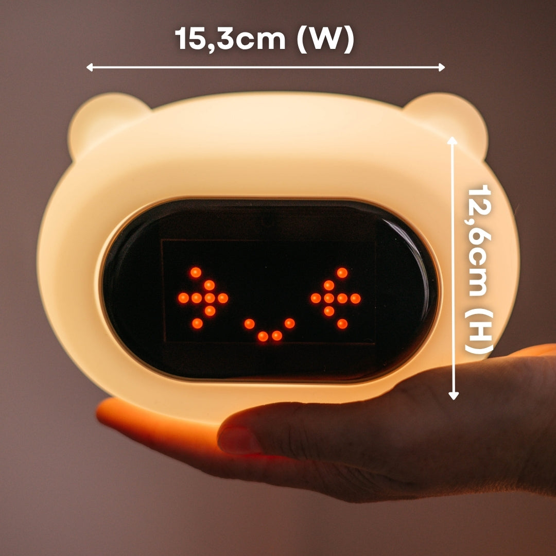 Lightie Clock bear night light shown with dimension callouts showing 12.6cm height and 15.3cm length