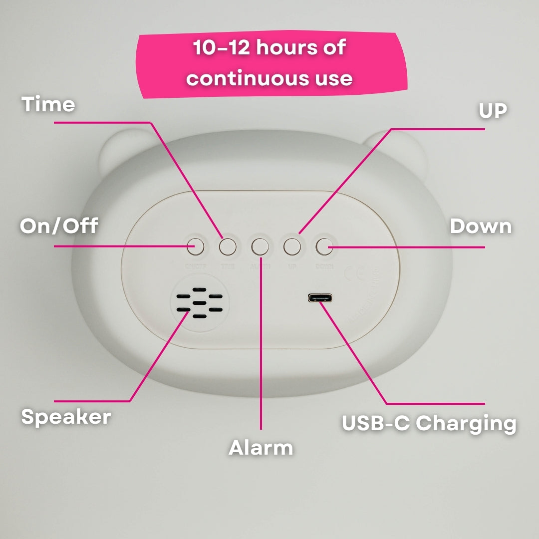 Close-up of USB C charging port on the base of the Lightie Clock night light with 10 to 12 hours of continuous use and USB rechargeable callouts