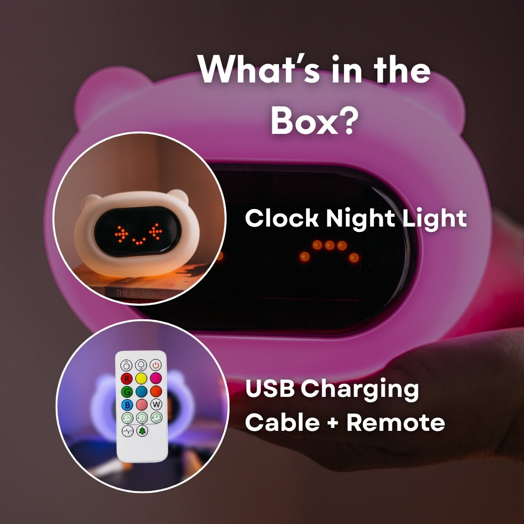 What's in the box graphic for Lightie Clock kids night light showing the bear clock night light, USB charging cable, and remote control