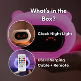 What's in the box graphic for Lightie Clock kids night light showing the bear clock night light, USB charging cable, and remote control