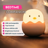 Feature graphic for Lightie Egg kids night light listing key features including warm white dimmable glow, soft silicone build, USB rechargeable, and tap control