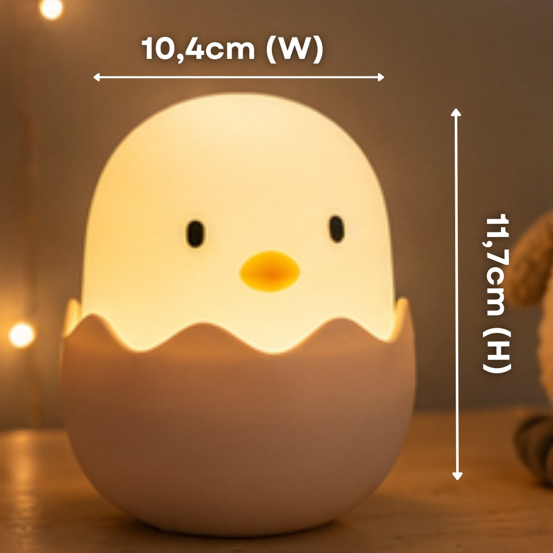 Lightie Egg night light shown with dimension callouts showing 10.4cm length, 10.4cm width, and 11.7cm height