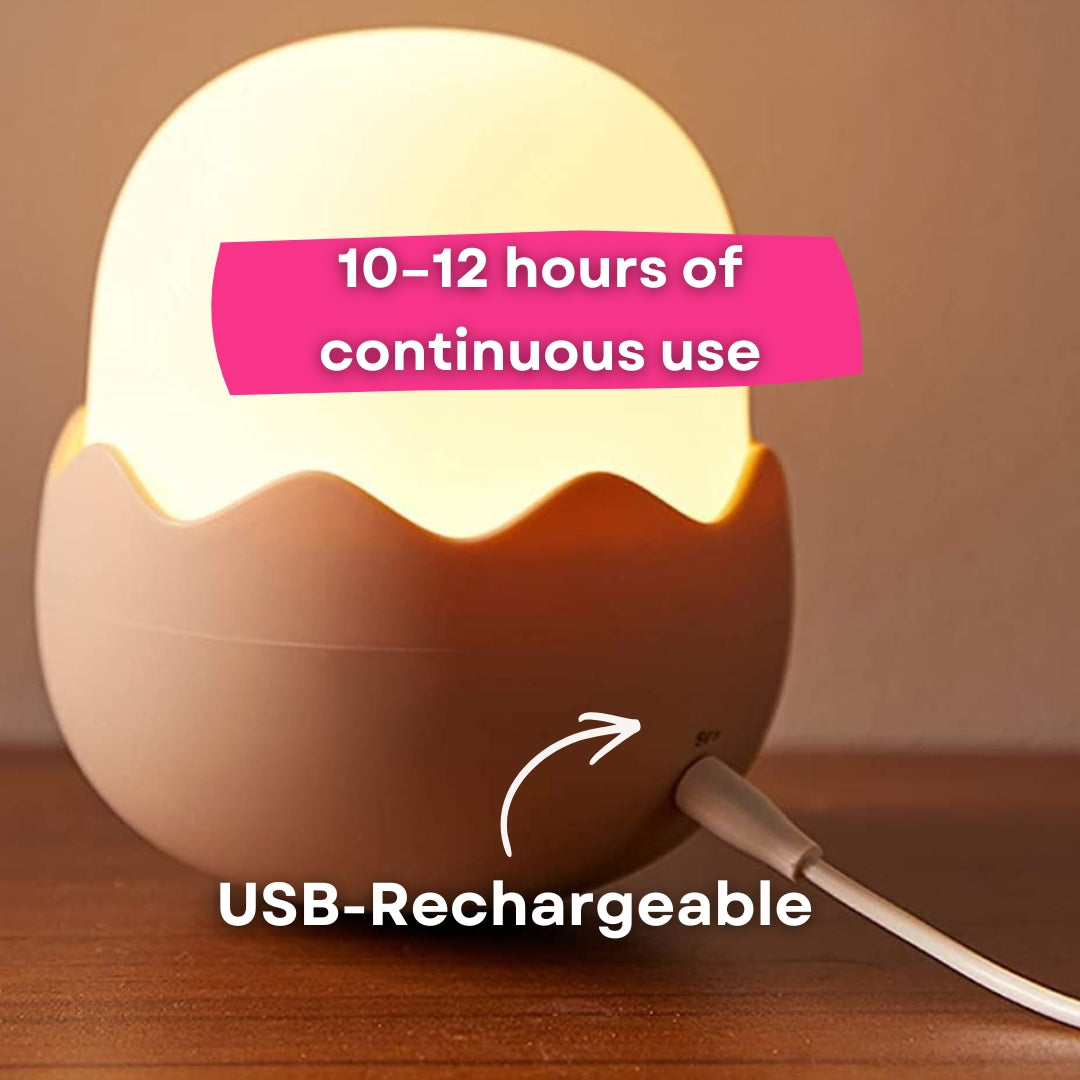 Close-up of USB charging port on the base of the Lightie Egg night light with 8 to 10 hours of continuous use and USB rechargeable callouts