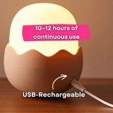 Close-up of USB charging port on the base of the Lightie Egg night light with 8 to 10 hours of continuous use and USB rechargeable callouts