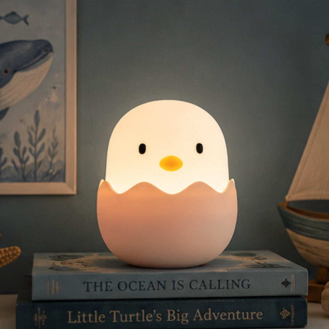 Lightie Egg silicone kids night light glowing warm white on a wooden bedside surface with soft background