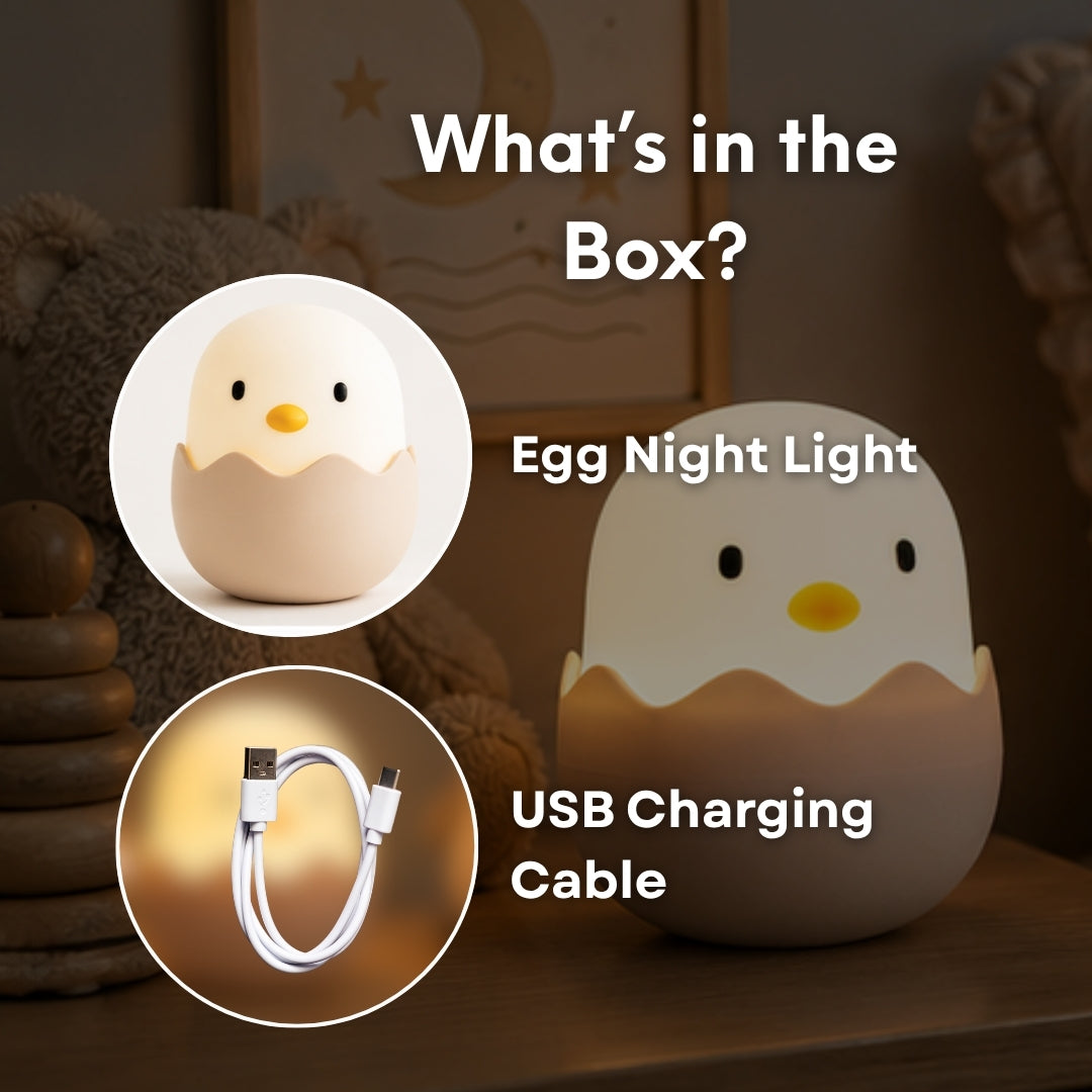 What's in the box graphic for Lightie Egg kids night light showing the egg night light and USB charging cable