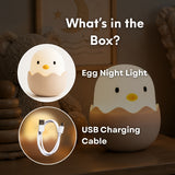 What's in the box graphic for Lightie Egg kids night light showing the egg night light and USB charging cable