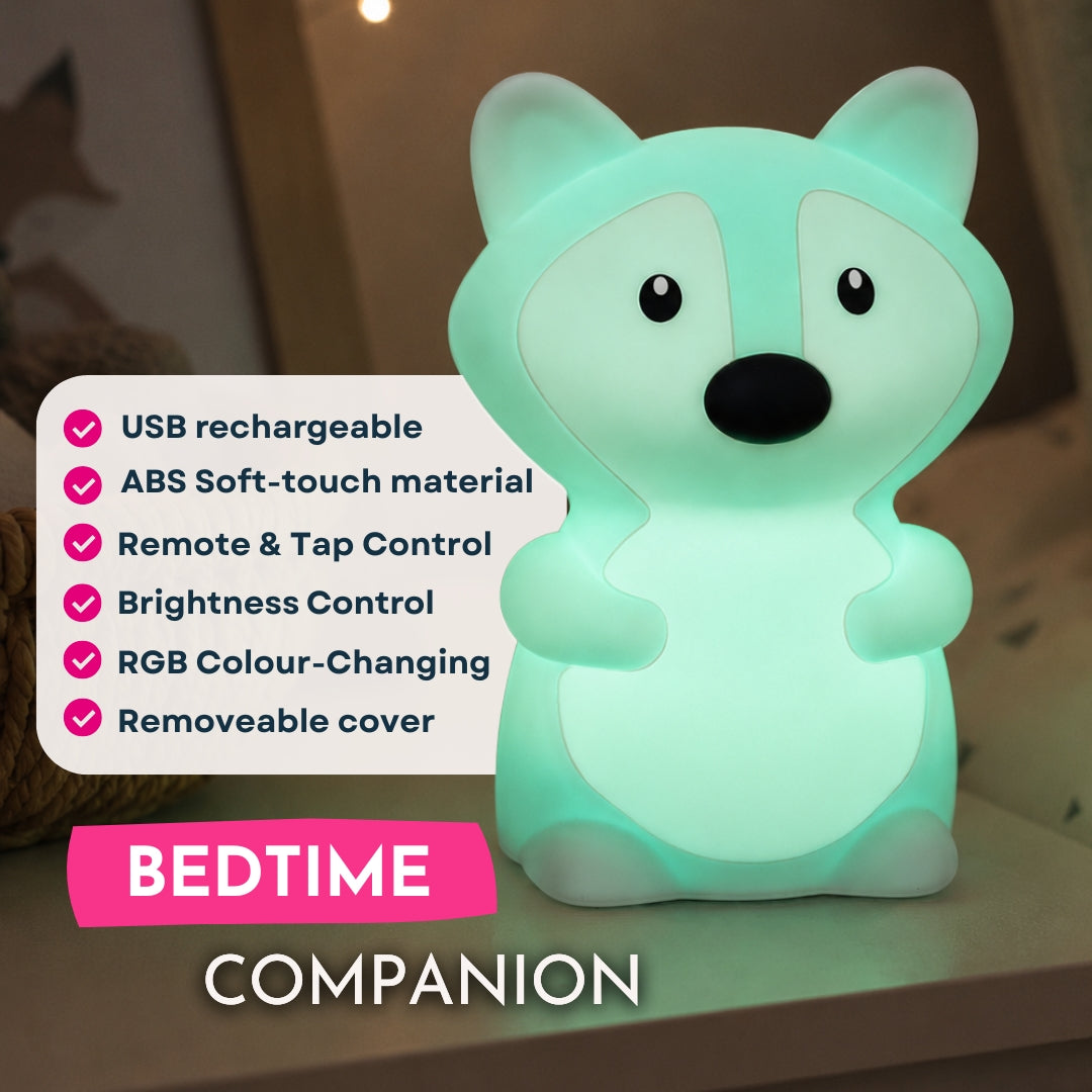 Feature graphic for Lightie Fox kids night light listing USB rechargeable, ABS soft touch material, remote and tap control, brightness control, RGB colour changing, and removable cover with bedtime companion callout