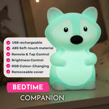 Feature graphic for Lightie Fox kids night light listing USB rechargeable, ABS soft touch material, remote and tap control, brightness control, RGB colour changing, and removable cover with bedtime companion callout
