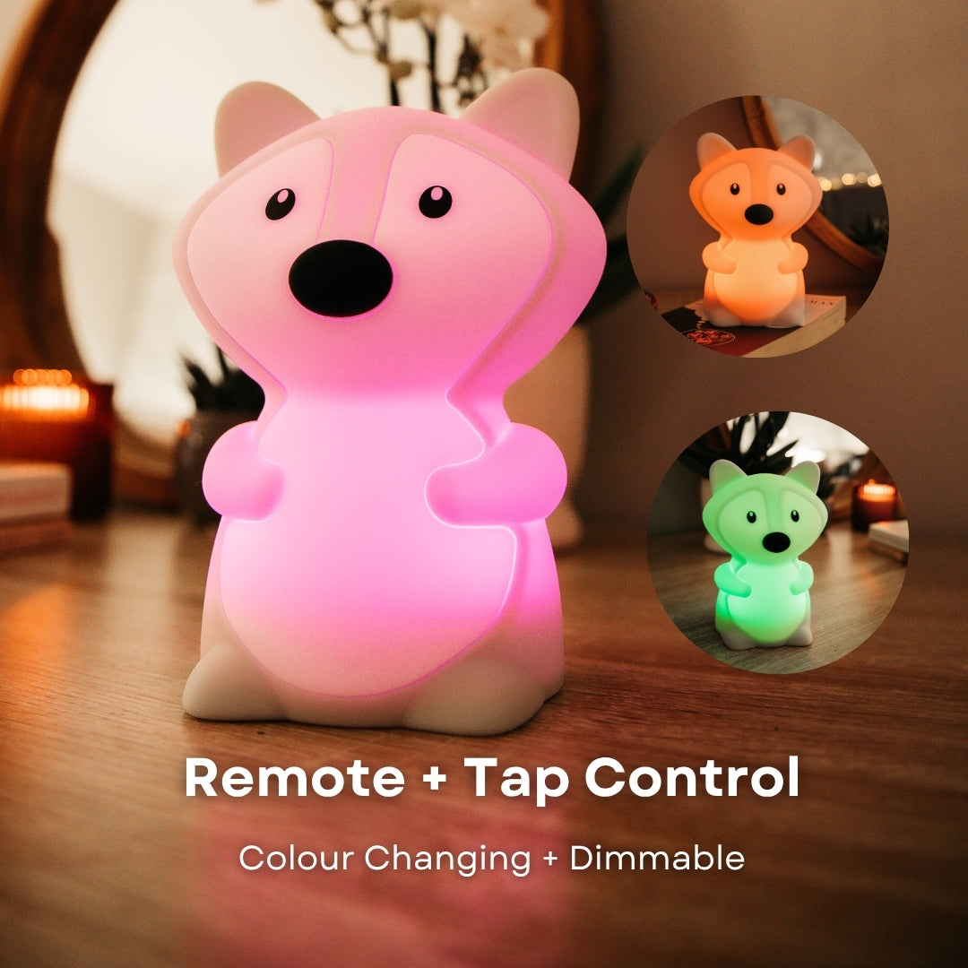 Lightie Fox night light glowing pink with remote and tap control and colour changing and dimmable callouts and insets showing orange and green colour modes