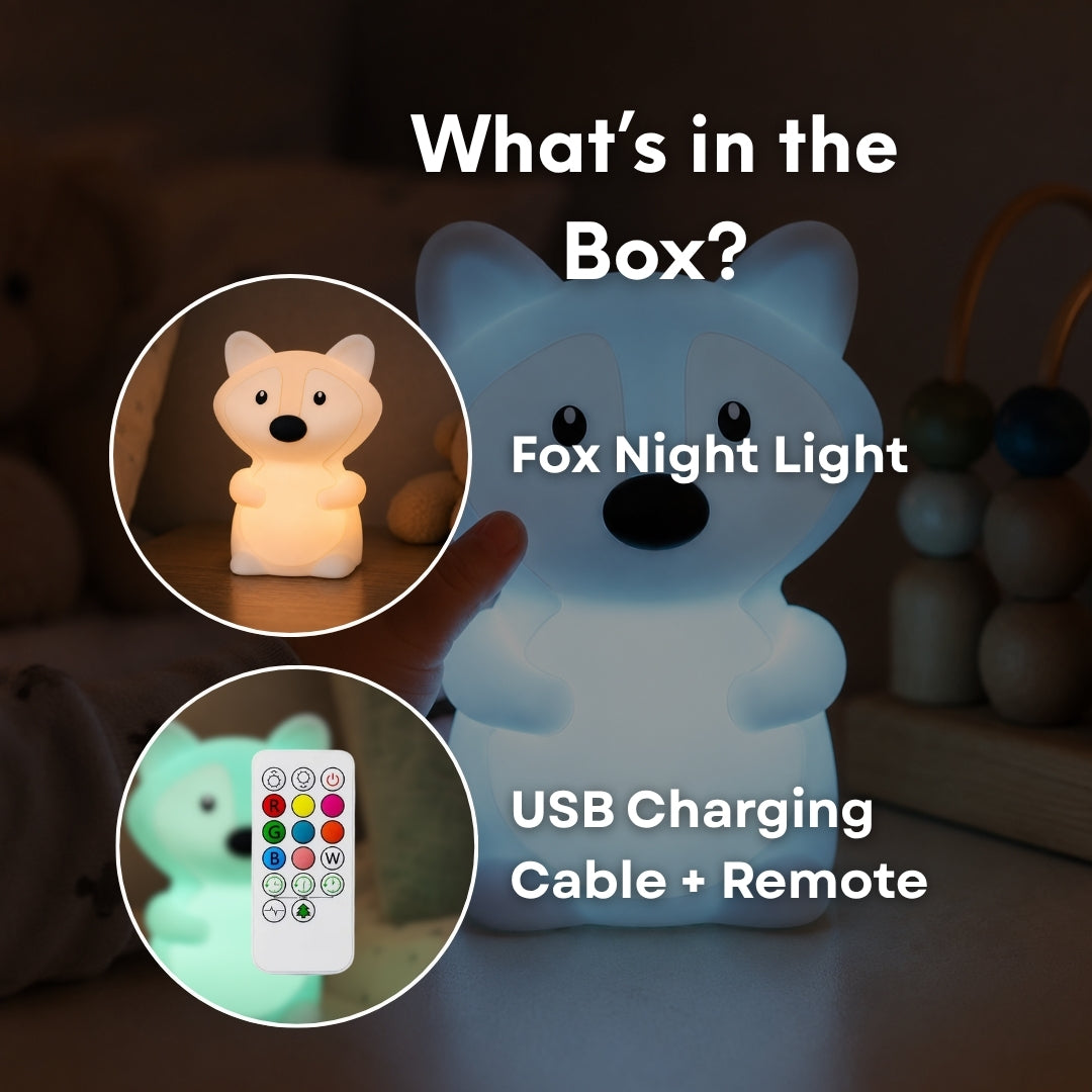 What's in the box graphic for Lightie Fox night light showing the Fox night light, USB charging cable, and remote control