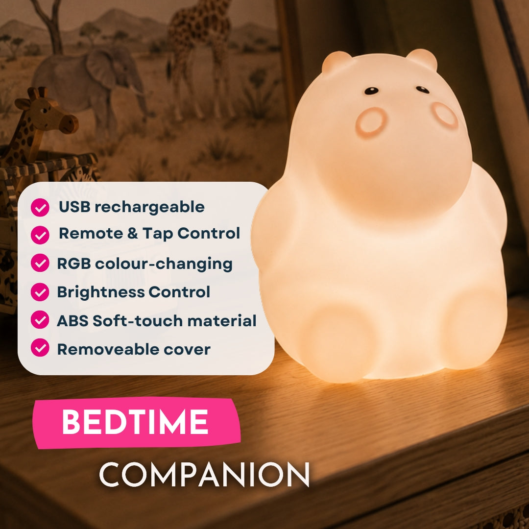 Feature graphic for Lightie Hippo kids night light listing USB rechargeable, ABS soft touch material, remote and tap control, brightness control, RGB colour changing, and removable cover with bedtime companion callout