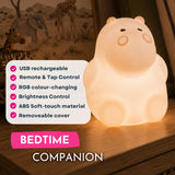 Feature graphic for Lightie Hippo kids night light listing USB rechargeable, ABS soft touch material, remote and tap control, brightness control, RGB colour changing, and removable cover with bedtime companion callout