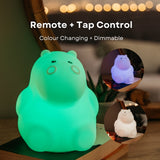 Lightie Hippo night light glowing pink with remote and tap control and colour changing and dimmable callouts and insets showing orange and green colour modes
