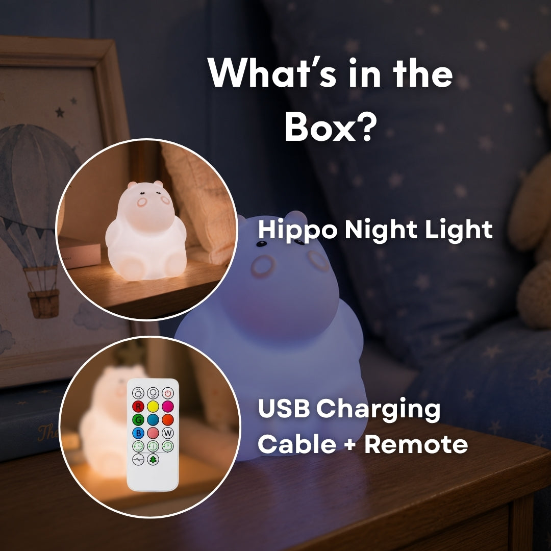 What's in the box graphic for Lightie Hippo night light showing the Fox night light, USB charging cable, and remote control