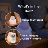 What's in the box graphic for Lightie Hippo night light showing the Fox night light, USB charging cable, and remote control
