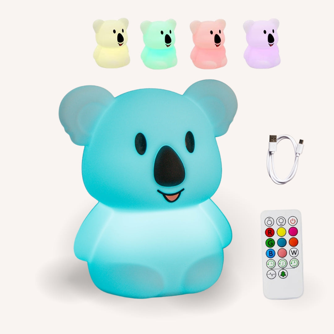 Lightie Koala silicone night light shown in four colour modes including warm white, blue, pink, and purple with USB charging cable and remote control included