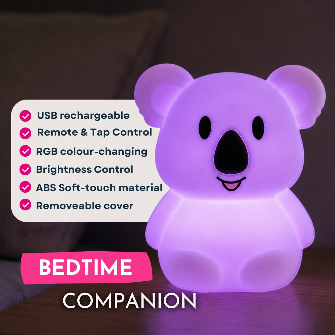 Feature graphic for Lightie Koala kids night light listing USB rechargeable, ABS soft touch material, remote and tap control, brightness control, RGB colour changing, and removable cover with bedtime companion callout