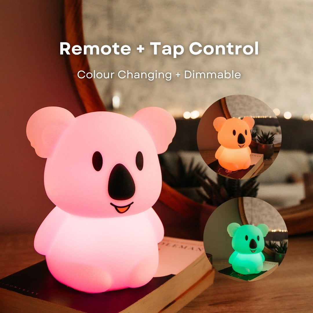 Lightie Koala night light glowing pink with remote and tap control and colour changing and dimmable callouts and insets showing orange and green colour modes