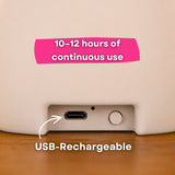 Close-up of USB C charging port on the base of the Lightie Koala night light with 10 to 12 hours of continuous use and USB rechargeable callouts