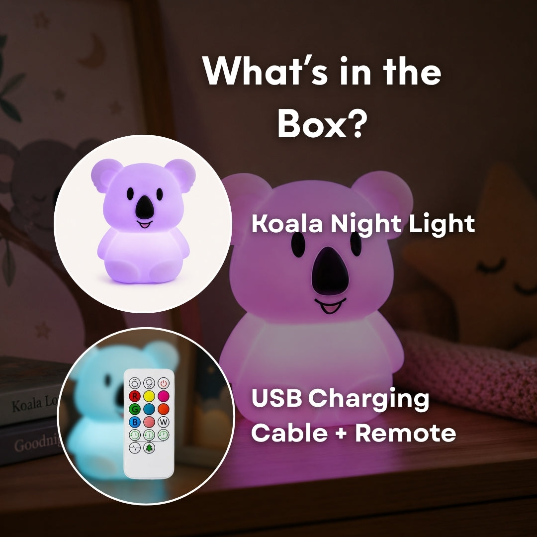 What's in the box graphic for Lightie Koala night light showing the Fox night light, USB charging cable, and remote control